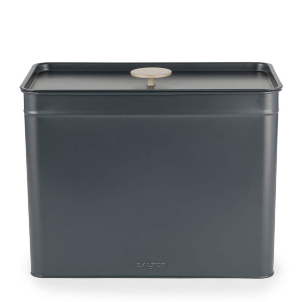 Dark grey metal storage tin with lid and gold knob, shown front-facing.