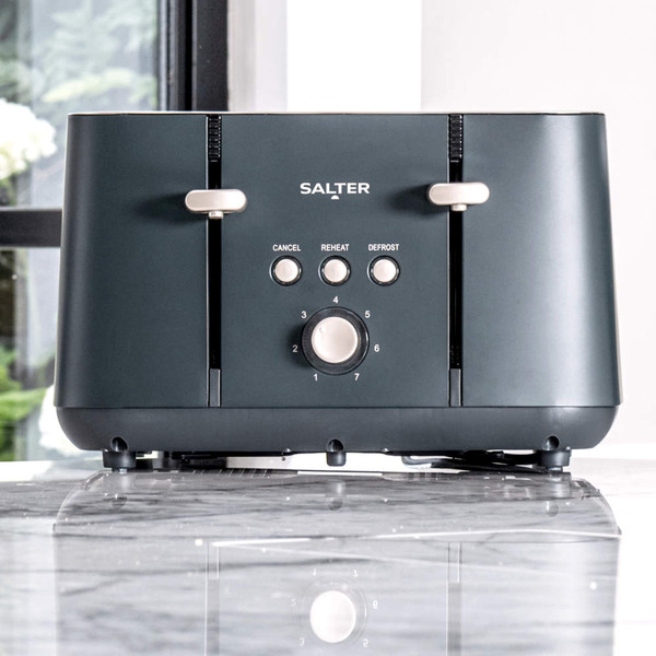 Black Salter 4-slice toaster on kitchen counter, with toast and tea being served.