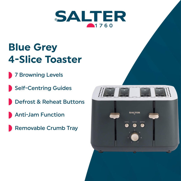 Four slot navy toaster with seeded bread and avocado toast on plate