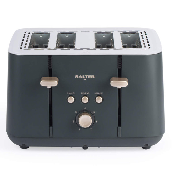 Salter grey four-slice toaster with cancel, reheat and defrost buttons, front view