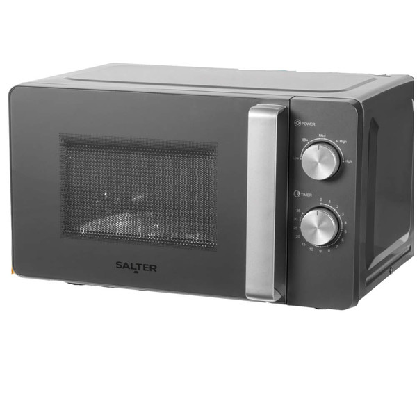 Grey Salter microwave with manual dials, shown angled for product listing