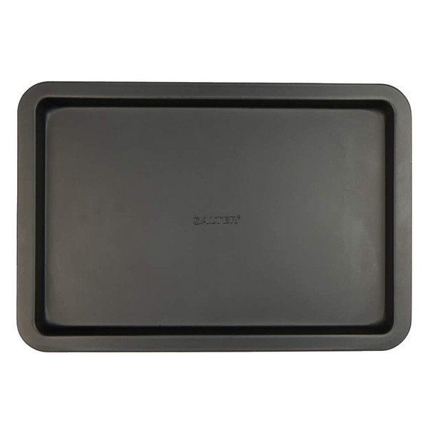 Rectangular black baking tray with raised edge, photographed from above