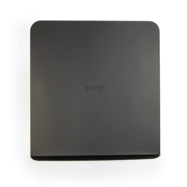Black square digital bathroom scale, top view, Salter logo in centre.
