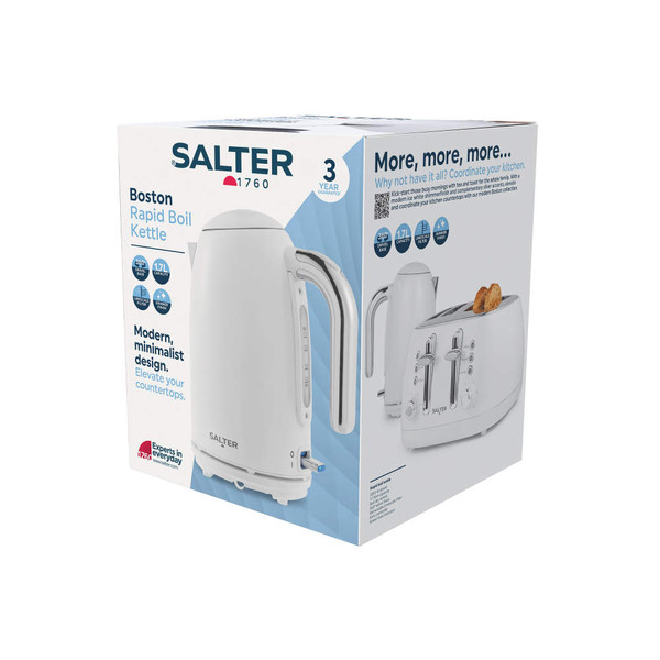 Packaging for white Salter rapid boil kettle, modern design, 1.7L capacity, 3 year guarantee