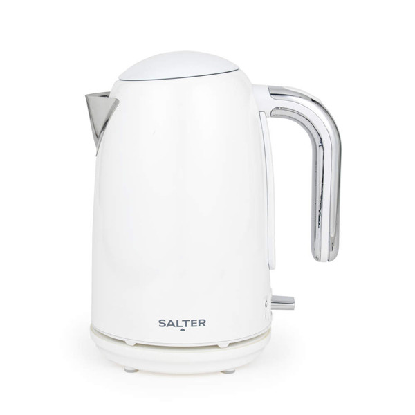 White electric kettle with chrome handle, shown side-on