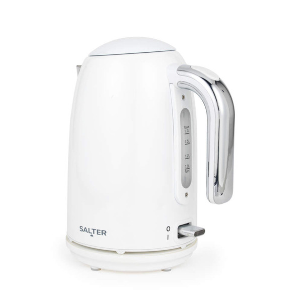 White electric kettle with chrome handle and water level indicator, shown side-on.