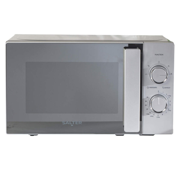 Silver microwave oven with manual dials, front view