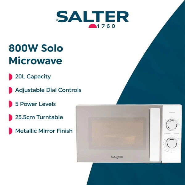 Salter 20L manual microwave in silver, boxed with metallic mirror finish shown.