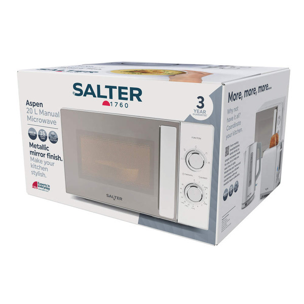Kitchen countertop with silver Salter blender, hand mixer, stand mixer, egg cooker, and hand blender