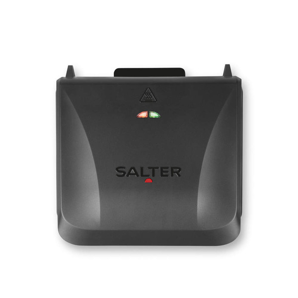 Black Salter sandwich maker closed, showing top with indicator lights