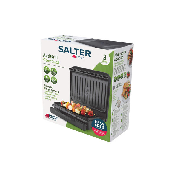 Salter ActiGrill Compact electric grill box, showing black appliance for cooking paninis and chicken.