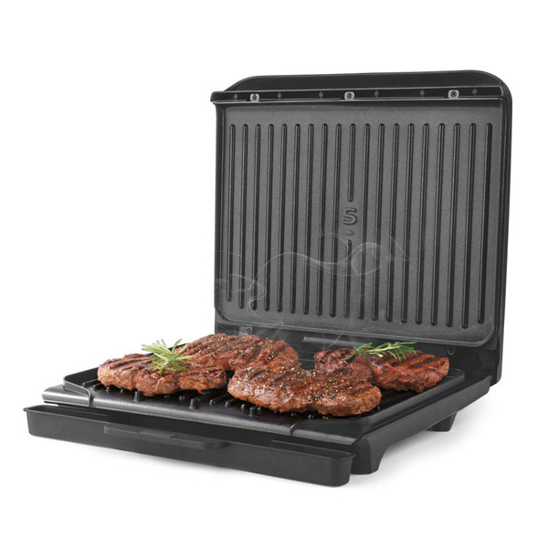 Electric grill with four cooked beef steaks, shown open from front angle