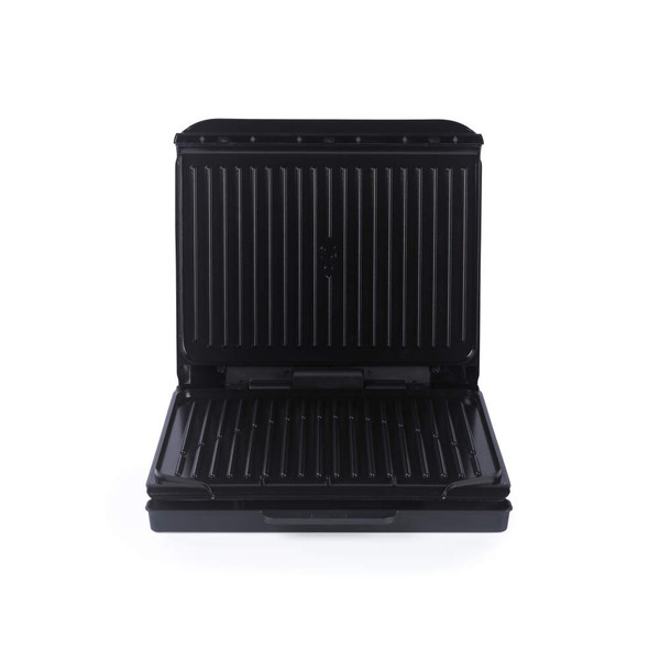 Black electric grill with open lid showing non-stick plates