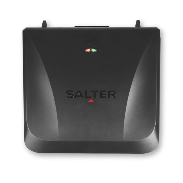 Black Salter sandwich maker closed, showing lid with indicator lights, top-down view