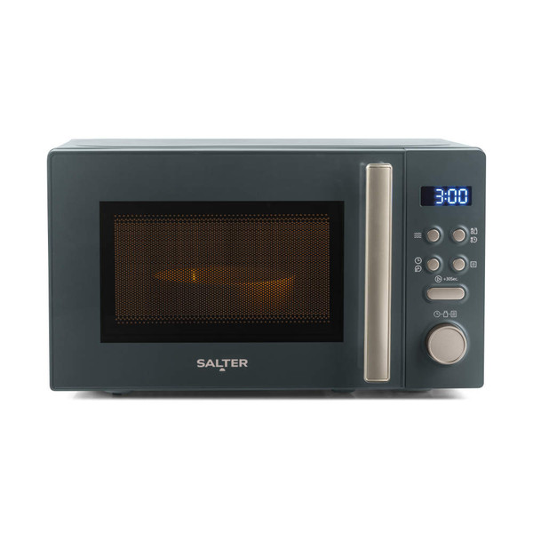 Blue grey microwave oven with digital controls, front view