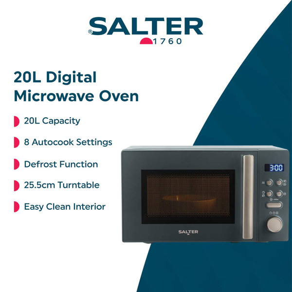 Grey microwave oven with digital display on kitchen worktop