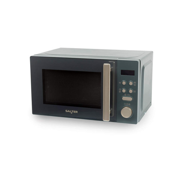 Blue-grey microwave with digital controls and handle, Salter branding visible on door