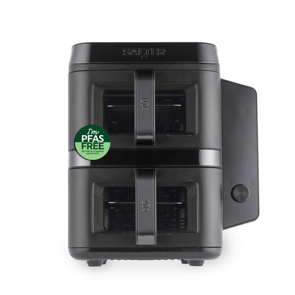 Black dual air fryer with two drawers, PFAS free sticker visible on front