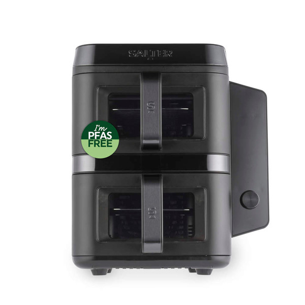 Black dual air fryer with PFAS free sticker, viewed from front