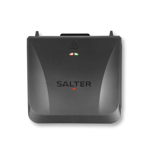 Black Salter sandwich maker closed, showing top steam symbol and indicator lights