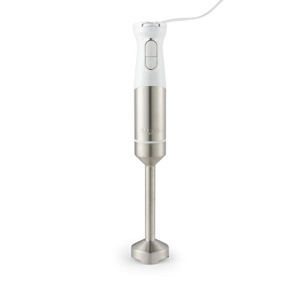Silver and white handheld stick blender with stainless steel shaft, shown upright.