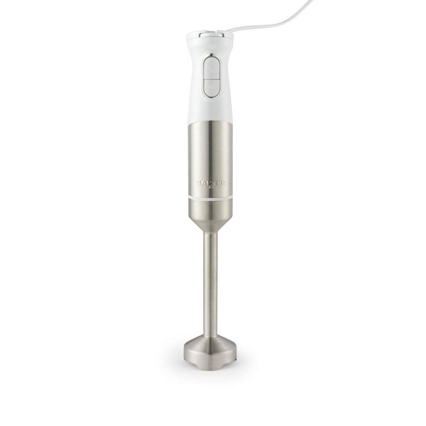 Silver and white handheld stick blender with stainless steel shaft, shown upright.