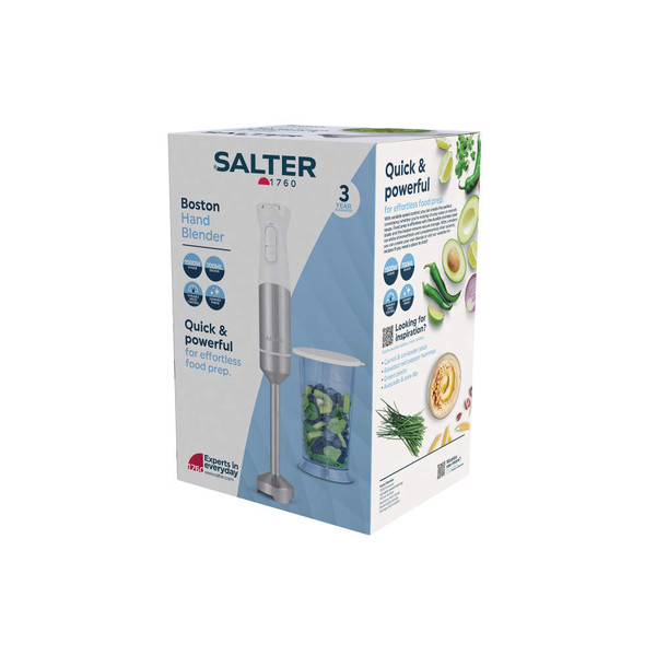 Salter Boston Hand Blender boxed packaging with image of blender and blending cup.