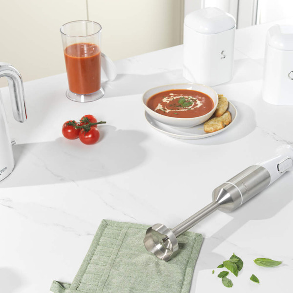 Silver and white handheld blender with detachable stainless steel blending arm