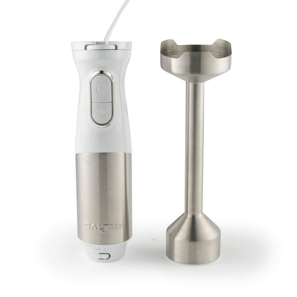 Silver and white handheld blender with detachable stainless steel blending arm