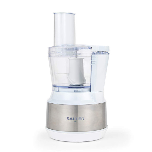 Salter food processor in white and stainless steel, shown upright with clear bowl, front view