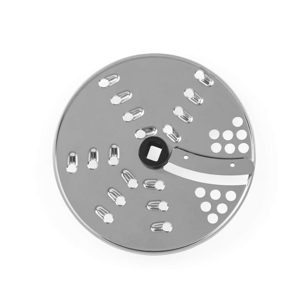 Stainless steel slicing and shredding disc for food processor, shown top down