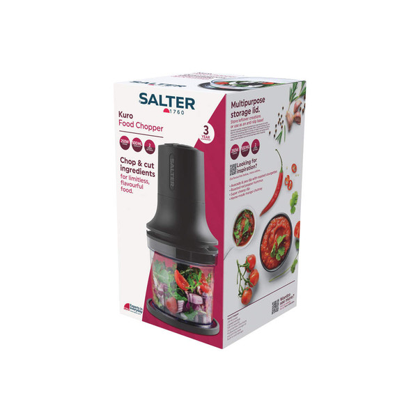 Salter Kuro Food Chopper retail box showing black chopper with fresh ingredients.