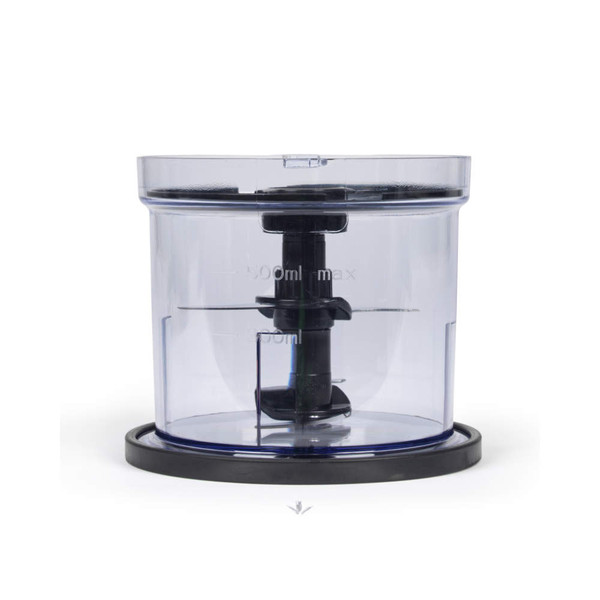 500ml clear food processor bowl with black chopping blade, viewed front on