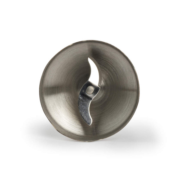 Stainless steel food processor blade, overhead view.