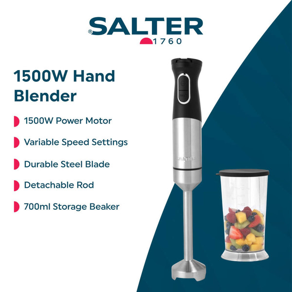 Salter hand blender box showing stainless steel stick blender and blending beaker.