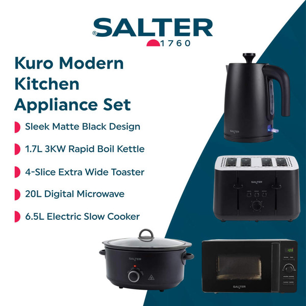 Salter black slow cooker filled with stew, hand adding herbs, on kitchen worktop