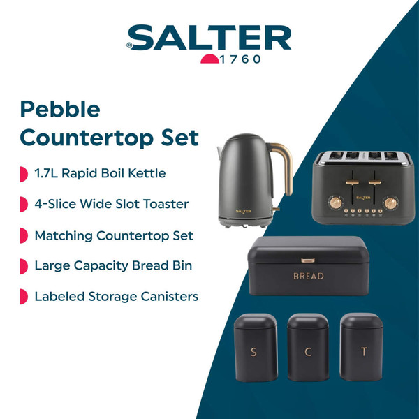 Pebble countertop set with grey kettle, four-slice toaster, bread bin, and three labelled canisters.