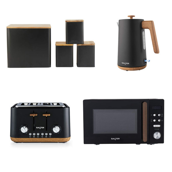 Black kitchen appliance set with kettle, 4-slice toaster, microwave and canisters