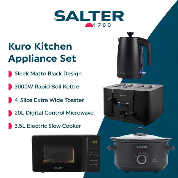 Salter black 4-slice toaster with bread toasting, shown on kitchen counter