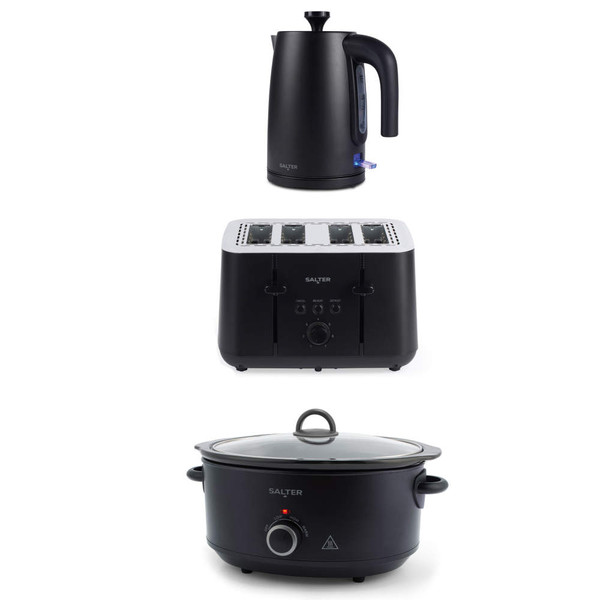 Combo image: black Salter kettle, 4-slice toaster, and slow cooker on white background