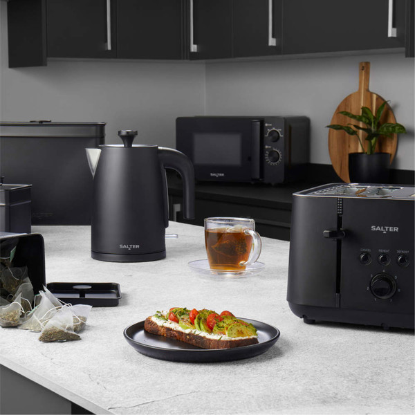 Salter black 4-slice toaster with bread toasting, shown on kitchen counter