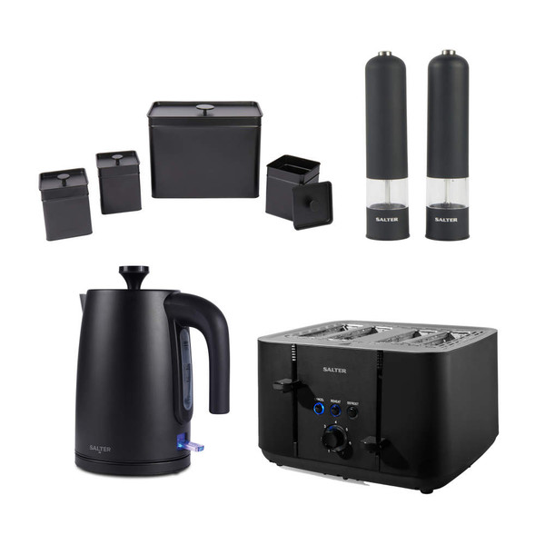 Set of black Salter kitchen appliances and storage: kettle, toaster, canisters, salt and pepper mills.