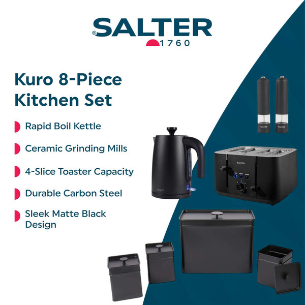 Black electric pepper grinder dispensing onto steak salad, with matching salt mill beside