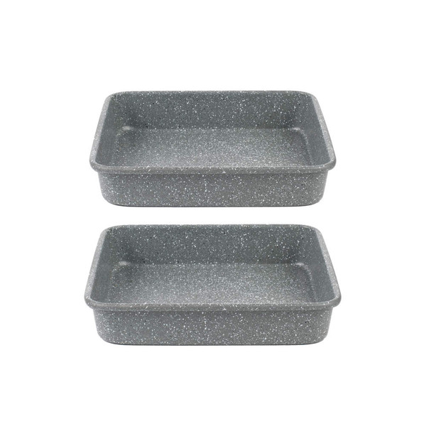 Set of two grey speckled rectangular roasting trays, shown empty.