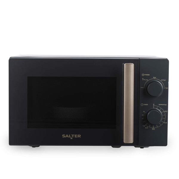 Black and gold Salter microwave oven with two control dials, shown from the front