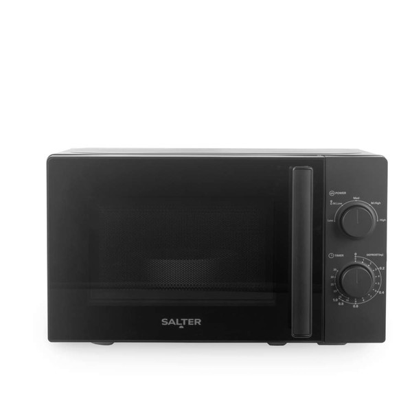 Black microwave oven with two control dials, front view