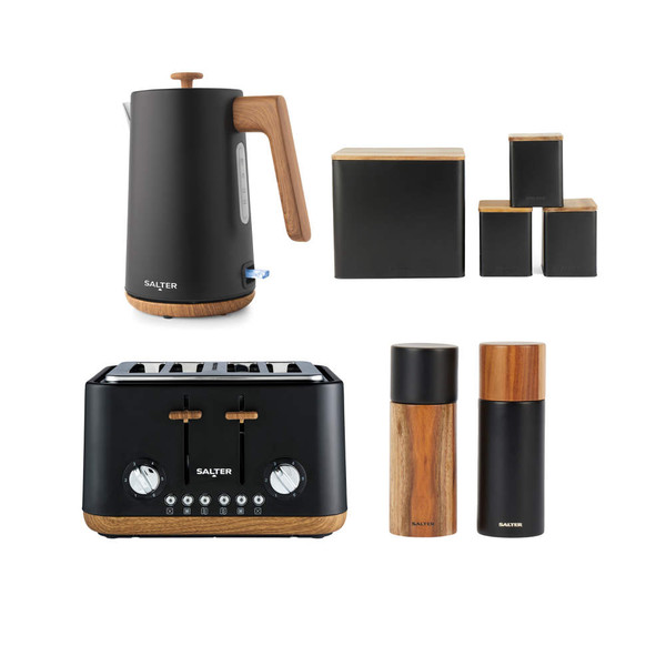 Black and wood kitchen set with kettle, toaster, storage tins and grinders