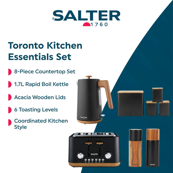 Banner: Salter Toronto Kitchen Essentials Set in matte black with acacia accents, includes kettle, toaster, storage and mills.