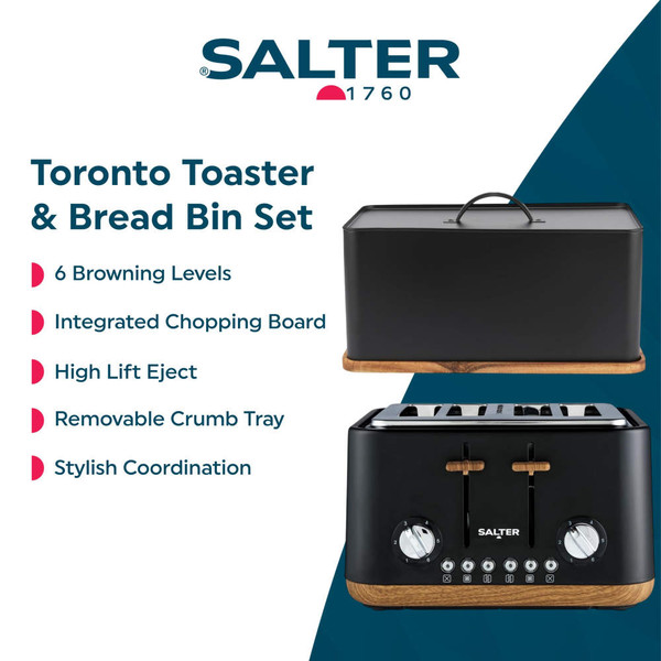 Black four-slice toaster with wood accents, showing toasted bread in a modern UK kitchen