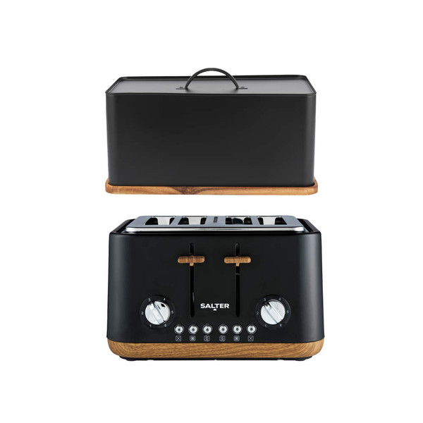 Black matte toaster and matching bread bin with wood accents, front view.